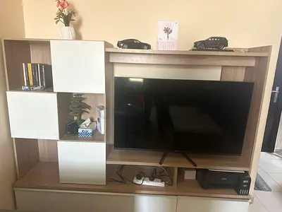 Wooden TV Entertainment Unit with Storage Shelves