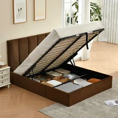 Brown velvet upholstered queen hydraulic bed frame