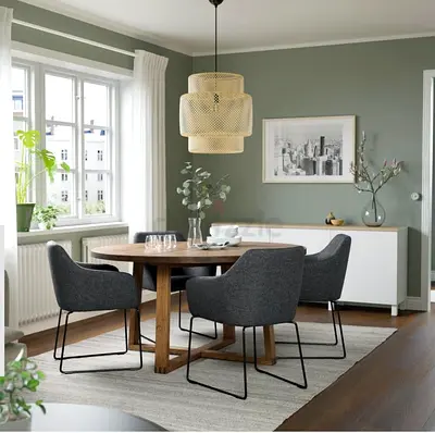 Wooden Round Dining Table with 4 Upholstered Chairs - Modern Set