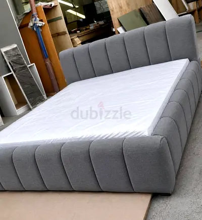 Grey Upholstered King Size Bed Frame with Padded Headboard