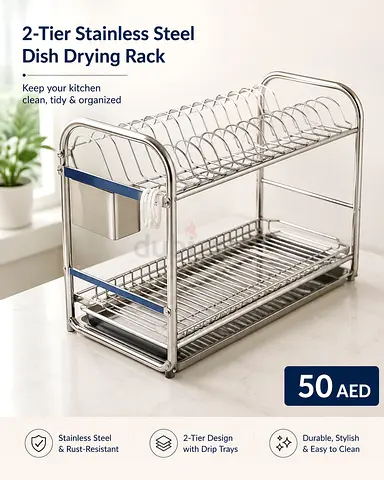 2-Tier Stainless Steel Dish Drying Rack - Compact Rust-Resistant