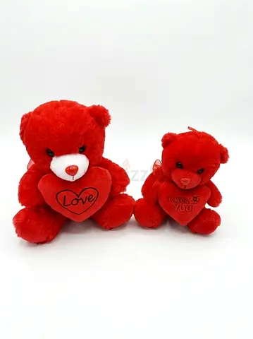 Pair of red plush teddy bears with heart cushions - good condition