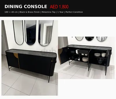 Black Brass Dining Console Sideboard with Melamine Top - Like New