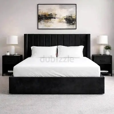 Modern Black Velvet Upholstered Bed with Vertical Paneled Headboard King Size