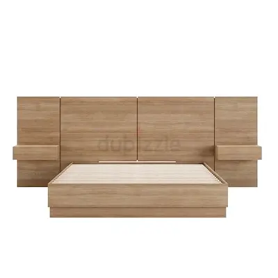 Modern wooden king-size bed frame with integrated headboard and nightstands