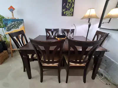 Solid Wood 6-Seater Dining Table with Chairs - Dark Brown