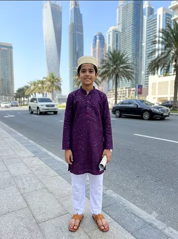 Boys traditional kurta pajama set - purple kurta, white pants, size approx 8-10