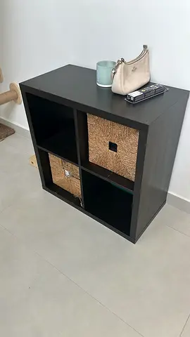 IKEA Kallax-style 4-cube Shelf Unit in Dark Brown with 2 Wicker Baskets