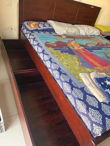 Solid wood single king size bed frame with built-in shelves - good condition with mattress