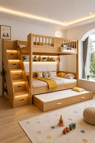 Solid Wood Triple Bunk Bed with Staircase, Trundle and Storage – Excellent Condition
