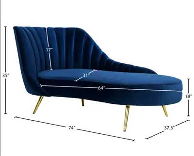New Blue Velvet Chaise Lounge Sofa with Gold Legs - Modern Curved Design