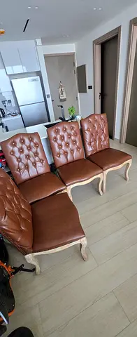 Set of 6 Classic Brown Upholstered Dining Chairs with Button Tufting