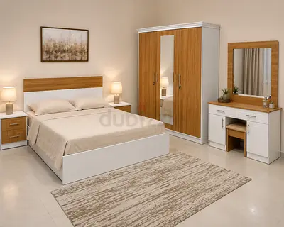 King size Bedroom Set: Bed, Wardrobe with Mirror Dressing Table - side table White/Wood