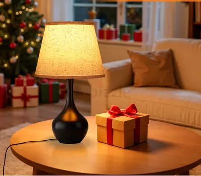 Compact table lamp with black base and beige fabric shade