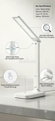 Adjustable USB-C Rechargeable LED Desk Lamp (Eye-Care, Foldable)