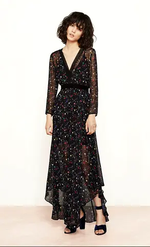 Maje Black Riane Bird Print Chiffon Midi Dress