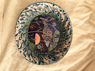 Hand-painted Decorative Ceramic Plate with Fish Motif