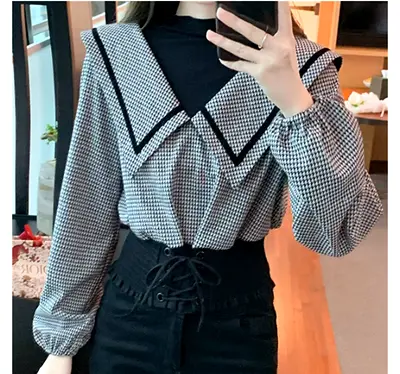 Very moda XL Womens Houndstooth Long Sleeve Blouse with Large Collar
