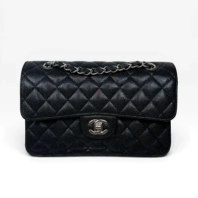 CHANEL SMALL CLASSIC DOUBLE FLAP IN BLACK CAVIAR LEATHER WITH SILVER HARDWARE