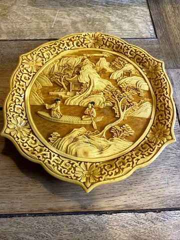 Vintage Chinese Hand-carved cinnabar style wooden plate