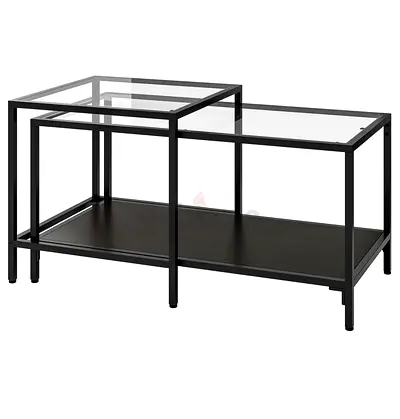 Modern black metal and glass coffee table with lower shelf