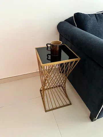 Gold Metal Side Table with Black Glass Top x2