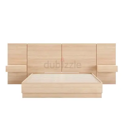 Modern light wood platform bed with integrated headboard and bedside shelves