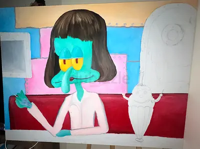 Original acrylic painting - Surreal cartoon character in diner scene (unfinished)