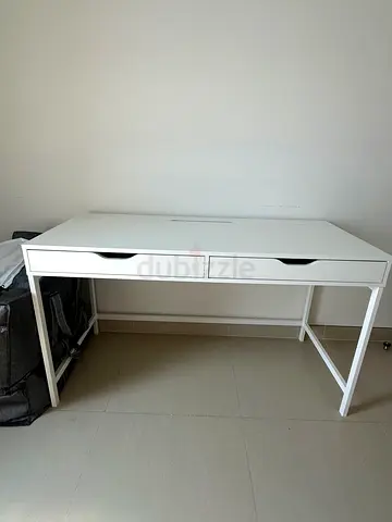 Large White IKEA Alex Desk with Two Drawers and large round mirror