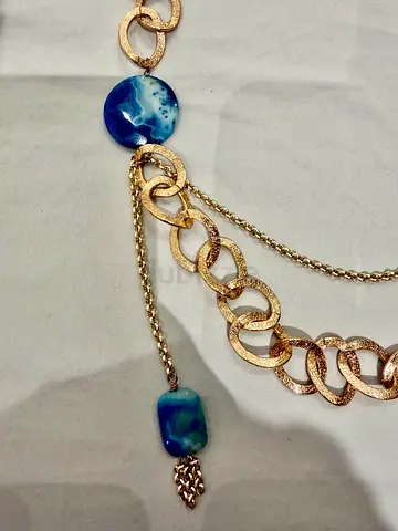 Handmade bronze-tone chain necklace with blue agate-style pendants — preowned
