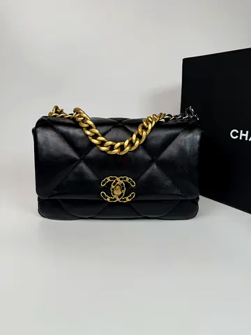 CHANEL 19 SMALL IN BLACK LAMBSKIN LEATHER WITH GOLD AND SILVER HARDWARE