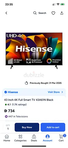 Hisense 43-inch 4K UHD Smart TV (43A61N) - Good Working Condition