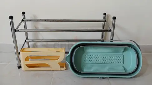 Shoe Rack adjustable lenght set with cleaning shoes bucket collapsible all just aed 29 dhs