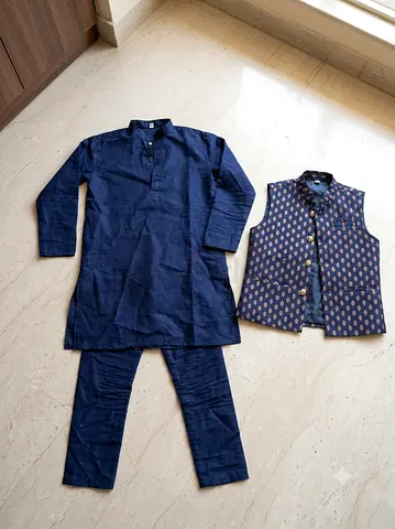 Boys navy blue kurta pajama set with patterned waistcoat - size approx 6-8