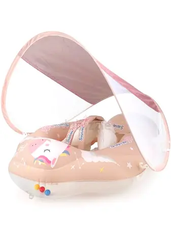 Baby Swim Float Ring with Safety Seat and Detachable Sunshade - Unicorn Print