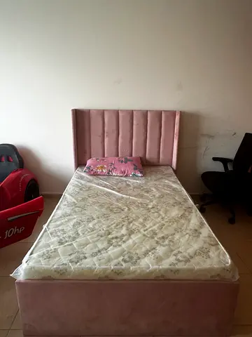 2Single bed with headboard and mattress - light pink and gray