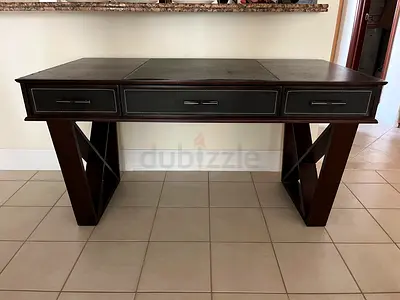 Matching Executive Desk  Display Cabinet Set - Dark Wood with Leather Trim