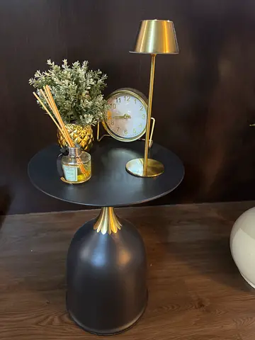 Decor - Black Table With Clock , Flower , Lamp