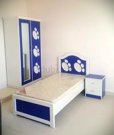Blue White Kids Single Bed with Wardrobe and Nightstand - Complete Set