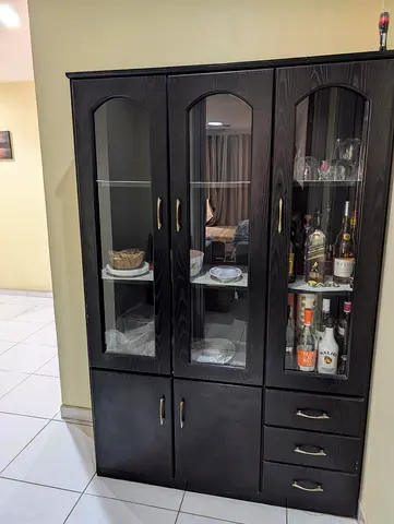 Dark Wood Glass Display Cabinet with Drawers and Storage (Good Condition)