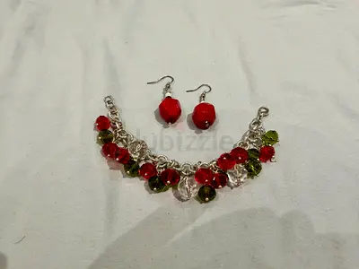 Red and green crystal charm bracelet with matching red bead earrings