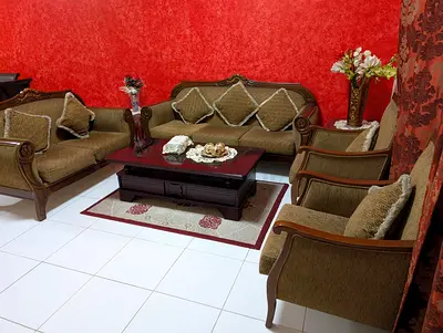 Classic 9-piece wooden framed living room sofa set with cushions, center table and assorted sides