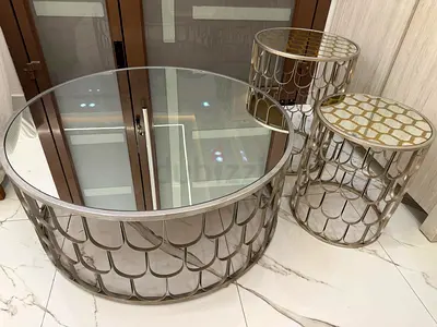 Set of 3 Decorative Metal  Glass Nesting Coffee/Side Tables