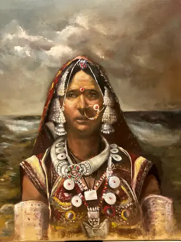 Oil Painting Portrait of Tribal Woman with Traditional Jewelry