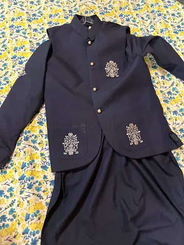 Boys Navy Embroidered Sherwani Suit - Size Approx 10-12