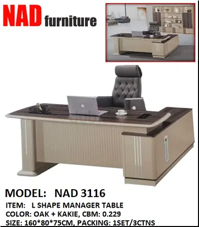 NAD 3116 L-Shape Manager Office Desk (Oak  Khaki) - Excellent Condition