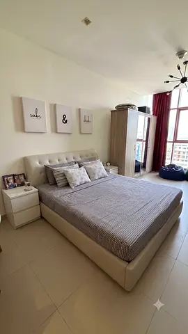 King Size Upholstered Bed with Mattress - Beige, Good Condition