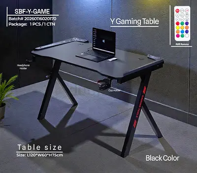 Black Y-Shape Gaming Desk with RGB Lighting, Cup  Headphone Holders