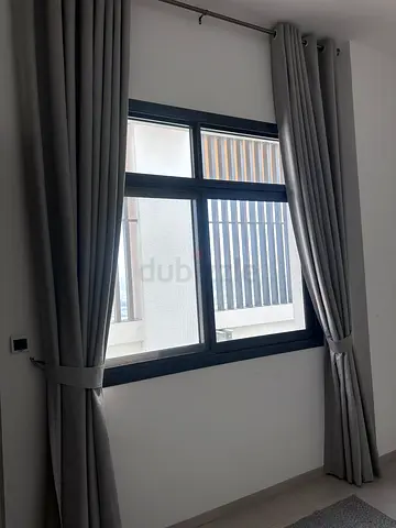 6 sets of grey and red blackout curtains with tiebacks and rail - set for large window