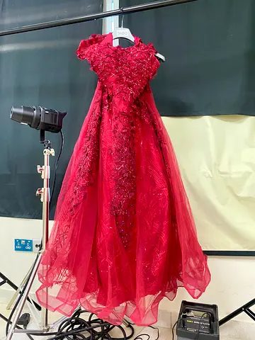 Red embellished formal gown — floor-length party dress